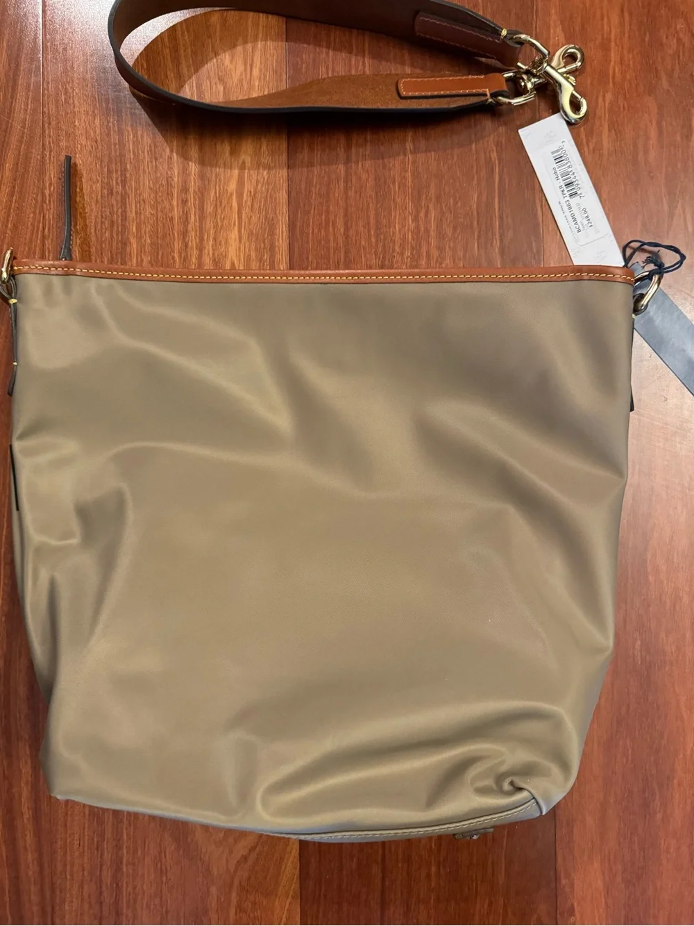 Price firm- Dooney & Bourke Taupe Nylon Hobo Bag with Leather Trim